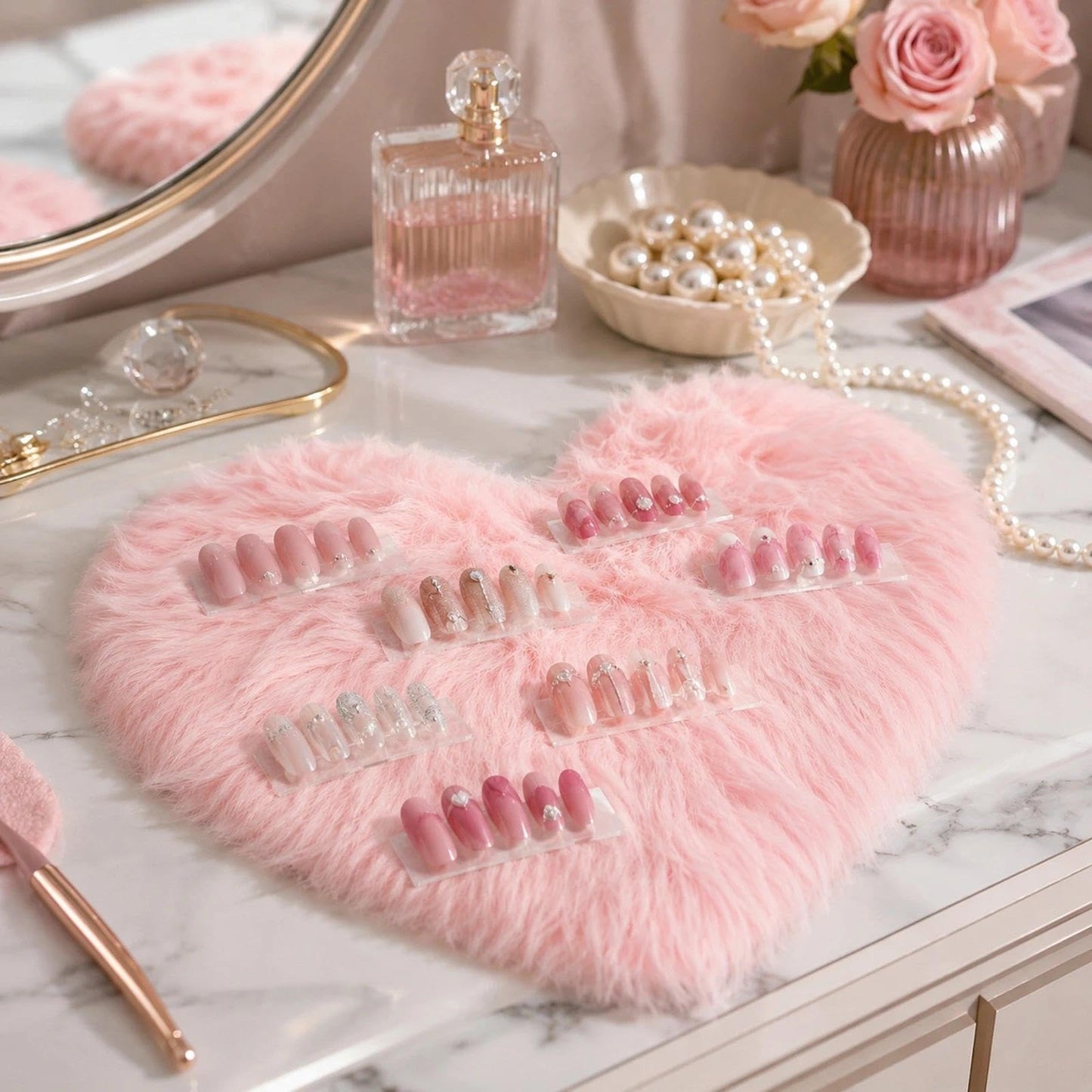 LOGOFUN Nail Background Mat for Pictures Faux Fur Nail Mat for Pictures Heart Shaped Fluffy Nail Cushion for Nail Display Photography - Pink (19.65X17.29X0.39in)