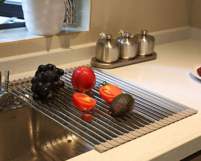 Roll up Dish Drying Rack - Over The Sink Silicone Kitchenware Folding Draining Rack SUS304 Stainless Steel