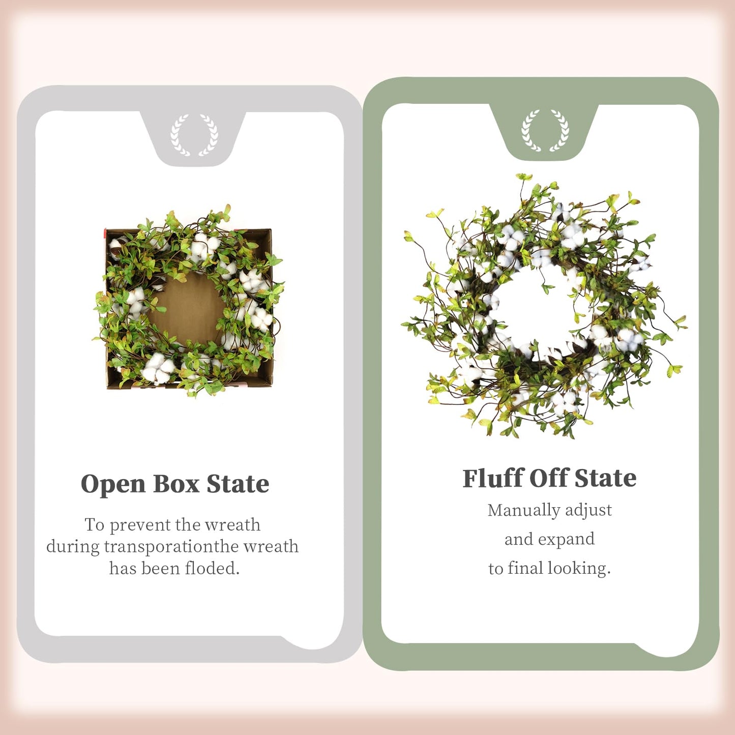 idyllic Green Leaves and Cotton Wreath for Front Door, Artificial Wreath on a Natural Twig Base for Farmhouse, Garden, Wedding, Decor
