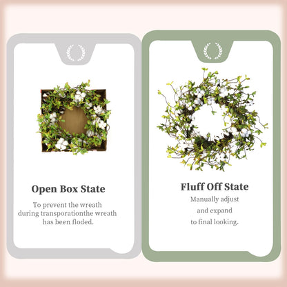 idyllic Green Leaves and Cotton Wreath for Front Door, Artificial Wreath on a Natural Twig Base for Farmhouse, Garden, Wedding, Decor