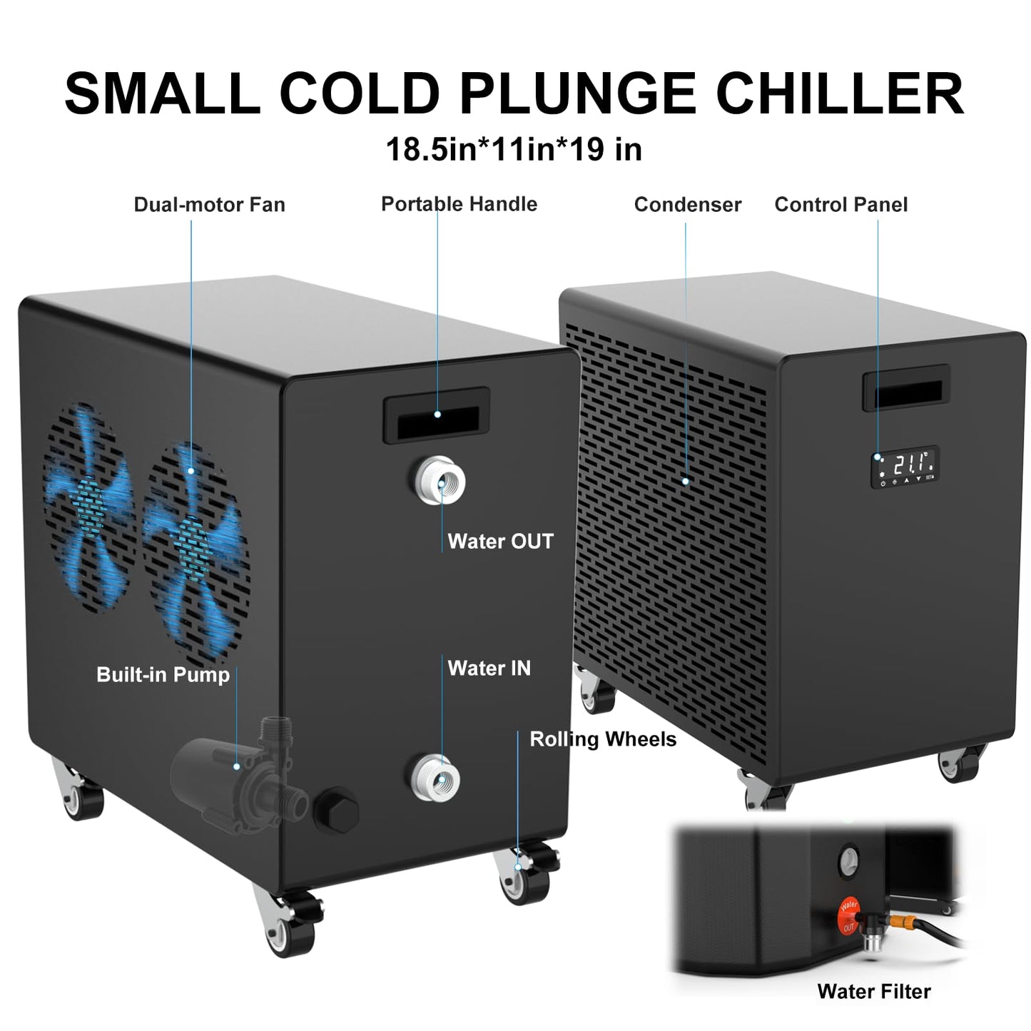 1 HP Cold Plunge Chiller, Commercial Ice Bath Water Chiller Machine for Large Tubs up to 200 Gallon, Heavy Duty Single Cooling Water Cooler with Internal Pump Options, Fast Chilling for Gym & Outdoor