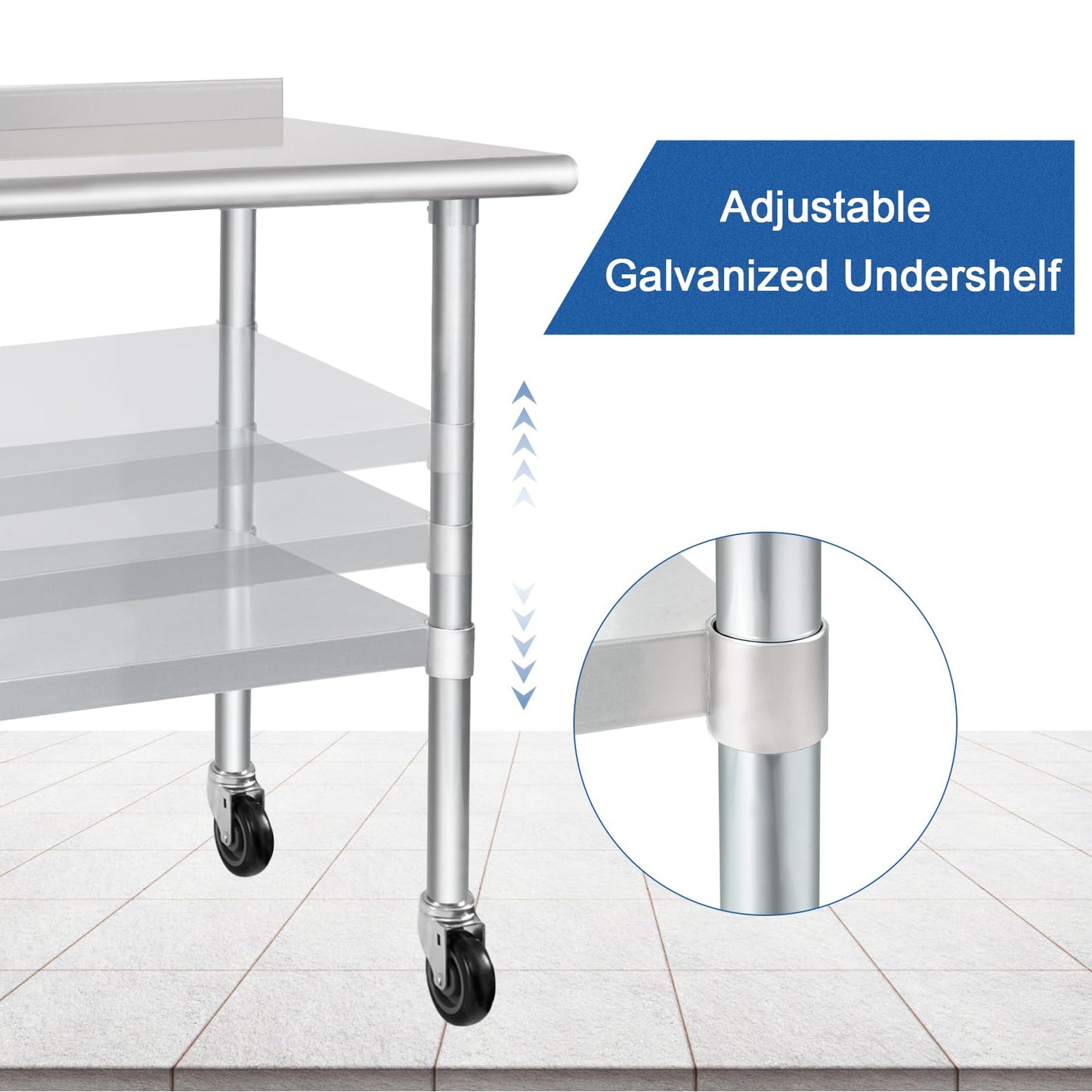 HARDURA Stainless Steel Table 30 x 48 Inches with Wheels Casters NSF Heavy Duty Commercial Prep Table with 2” Backsplash and Adjustable Undershelf for Restaurant Kitchen Home and Hotel