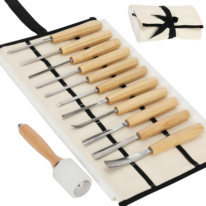 Wood Carving Kit – 12 PCS Professional Wood Carving Tools Set with Mallet & Canvas Case, Pre-Sharpened CR-V 60 Steel Gouges and Chisels for Whittling, Spoon Carving, Beginners & Professionals