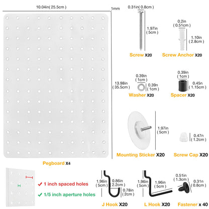 G.CORE Steel Pegboard and Hooks - 44pcs Peg Board Panels Organizer 1/4" Holes 14"x10" with J L Hooks - Kitchen Bathroom Craft Office Garage Tool Display Organization Drill/Adhesive Mounting (White)