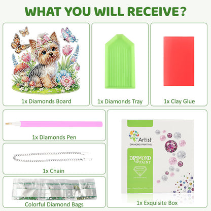 MEIYUDA Flowers Dog Diamond Art Hanging Kits for Adult, Yorkshire Puppy Diamond Painting Hanging Kits Ornaments, DIY Special Shaped Rhinestone Window Pendants Kit for Home Garden Wall Decor Gift