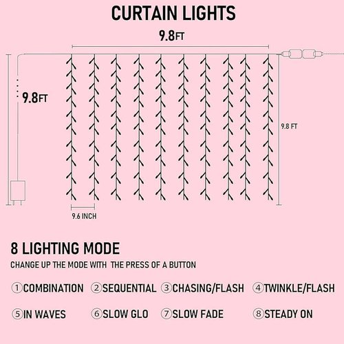 Dazzle Bright 300 LED Curtain String Lights - Waterproof Fairy Lights with 8 Modes | Pink for Bedroom & Party Decor