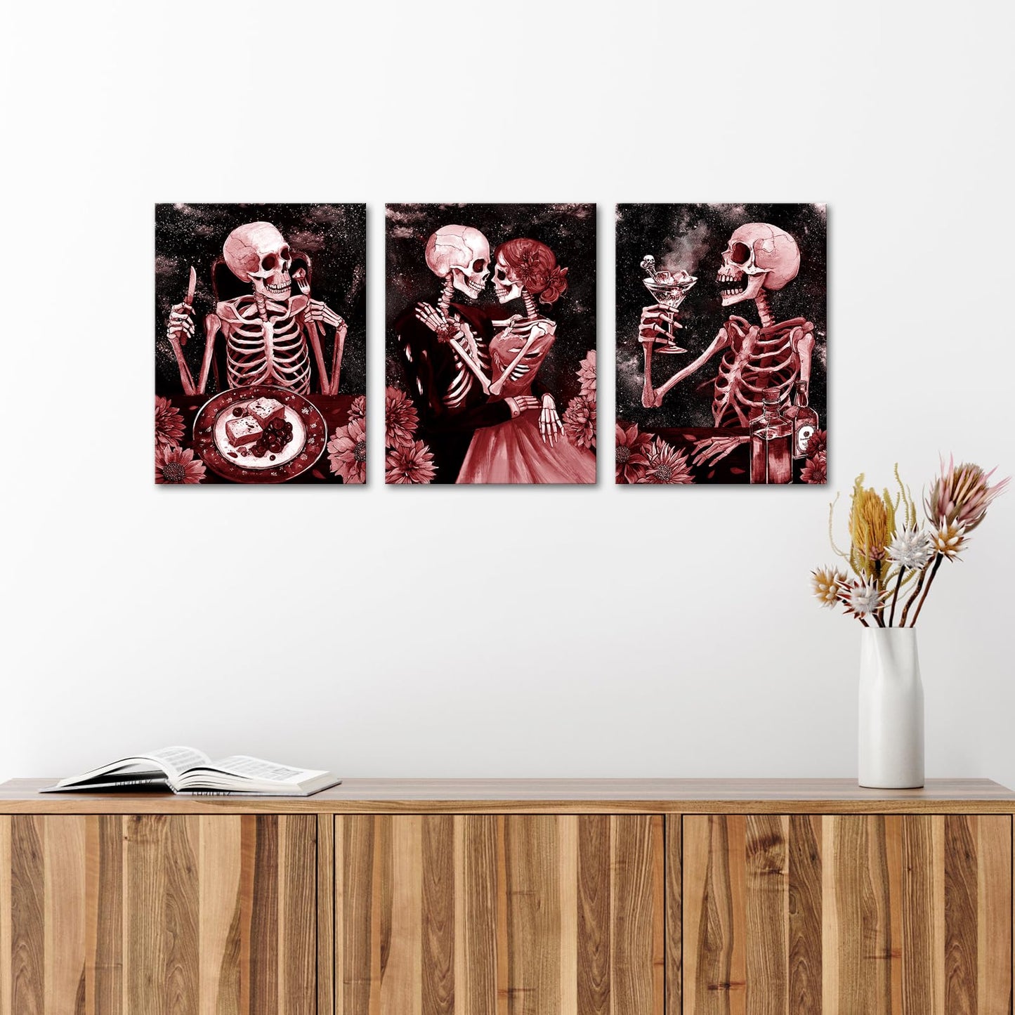 FuShvre Gothic Wall Art Skeleton Pictures Painting Canvas Red Moody Romantic Home Kitchen Restaurant Wall Decor Framed 12x16 inches each (Red)