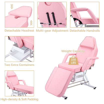 Massage Salon Tattoo Chair with Hydraulic Stool, Adjustable Beauty Facial Bed Table, Pink, Face-Down Cradle for Esthetician