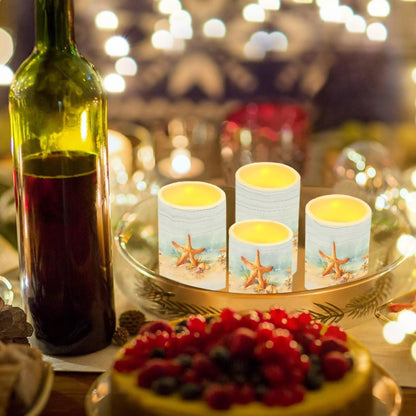 Merkmak Starfish Flameless Candles with Remote and Timers Flickering Battery Operated Candles 4 Pack Outdoor Flameless LED Pillar Lights for Beach Wedding Coastal Room Home Decoration