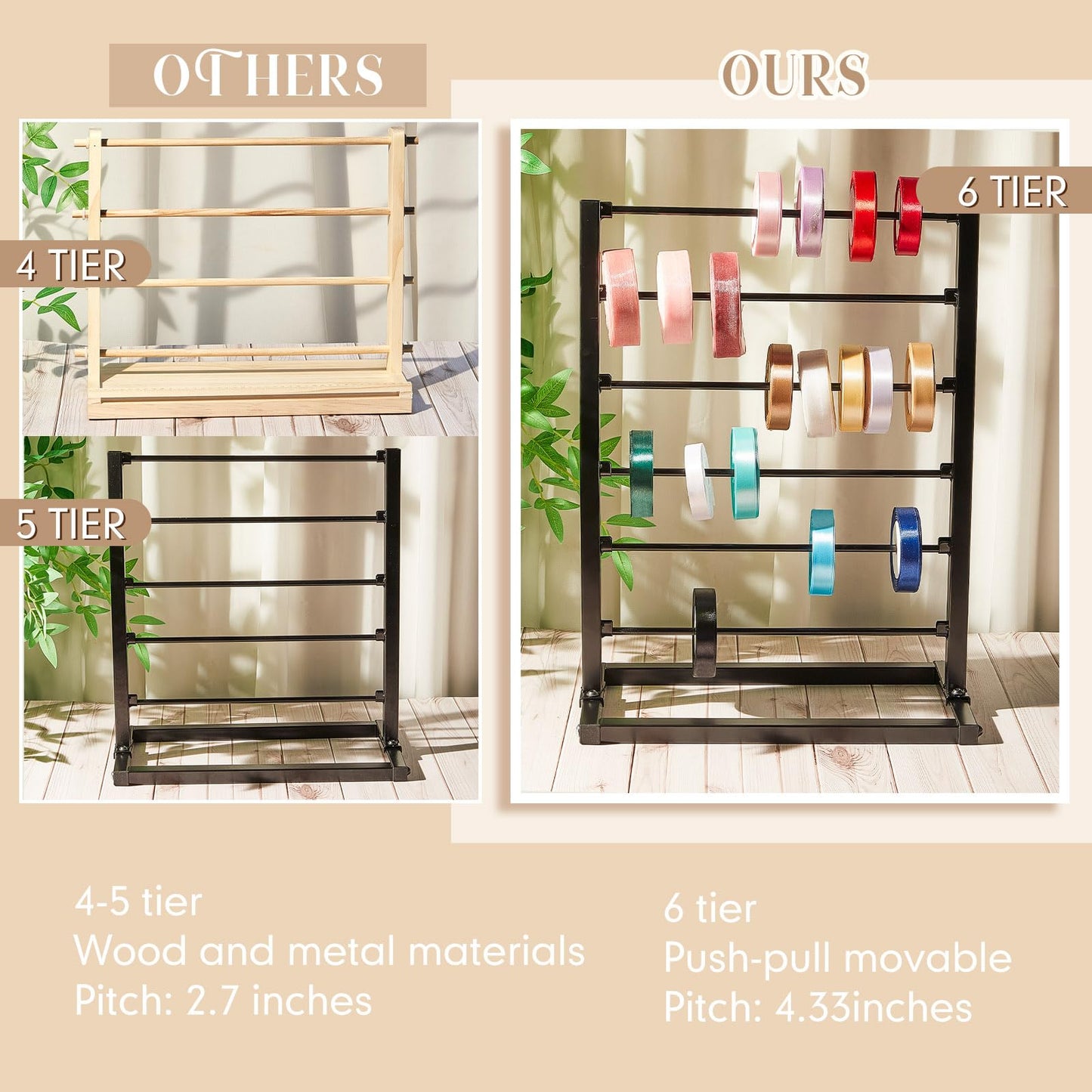 Menkxi 6 Tier Metal Ribbon Holder Organizer Rack Ribbon Rack Display Shelf Spool Holder Storage Organizer for Sewing Craft Thread Tape Wreath Crochet Roll Flower Store Wrapping Gift(Black)