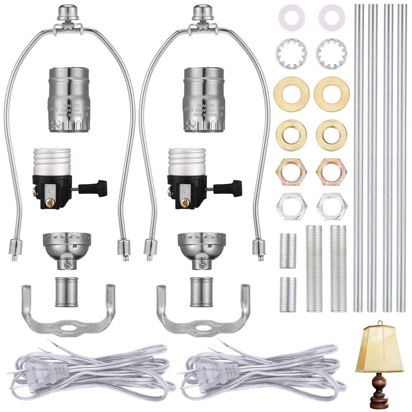 Baquler 2 Set Lamp Rewire Kit Make a Lamp or Repair Kit with 8'' Harp 12" Tube Pipe 3 Way Socket 8 ft Cord and All Hardware Parts for DIY Antique Table Centerpiece Design(Silver)