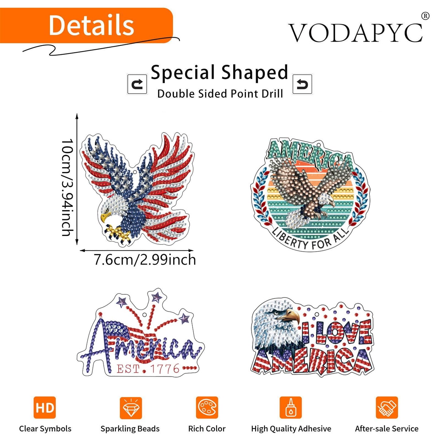 VODAPYC 4PCS 4th of July Diamond Art Keychains Patriotic Ornaments Kits, DIY Double Sided Point USA 250th Anniversary Diamond Art for Independence Day Decor