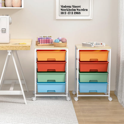 Utility-Rolling-Storage-Drawer-Craft-Cart-Organizer with 4 Drawers and Wooden Tabletop & Lockable Wheels for Home Office, Bedroom, Kids Room, Classroom, 4 Tiers Under Desk Drawer Cart, Macaron
