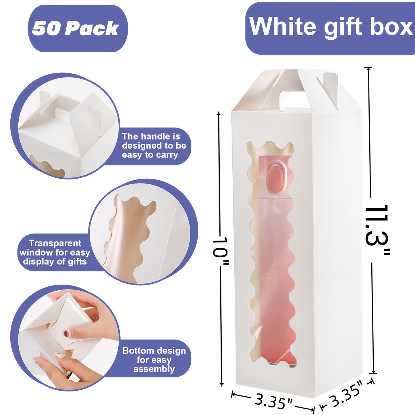 Tlence 50 Pack Gift Box for Sublimation, Transparent Tumbler Wrapping Boxes, Glass Packaging Exhibition Box with Handle, Heat Press Blank Boxes for 20oz/30oz Wine Bottle Cup Jars, Birthday Presents