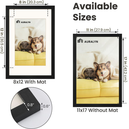 AURALYN Wall Frames 11x17 Picture Frames Set of 3 – Fits 8x12 with Mat or 11x17 Without Mat – Wood Grain, Easy to Hang, Finger-Friendly, Includes Hanging Kit (Black Frames, 3 Pack)