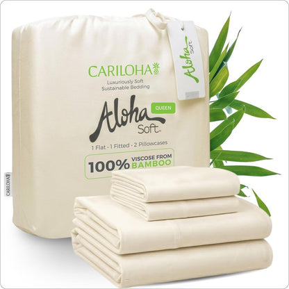 Cariloha Aloha Soft 100% Organic Bamboo Viscose Sheets – 4-Piece Queen Sheet Set – 16 in Deep Pockets – Buttery Soft, Hypoallergenic, Cooling Sheets – Oeko-TEX Standard 100 – Natural