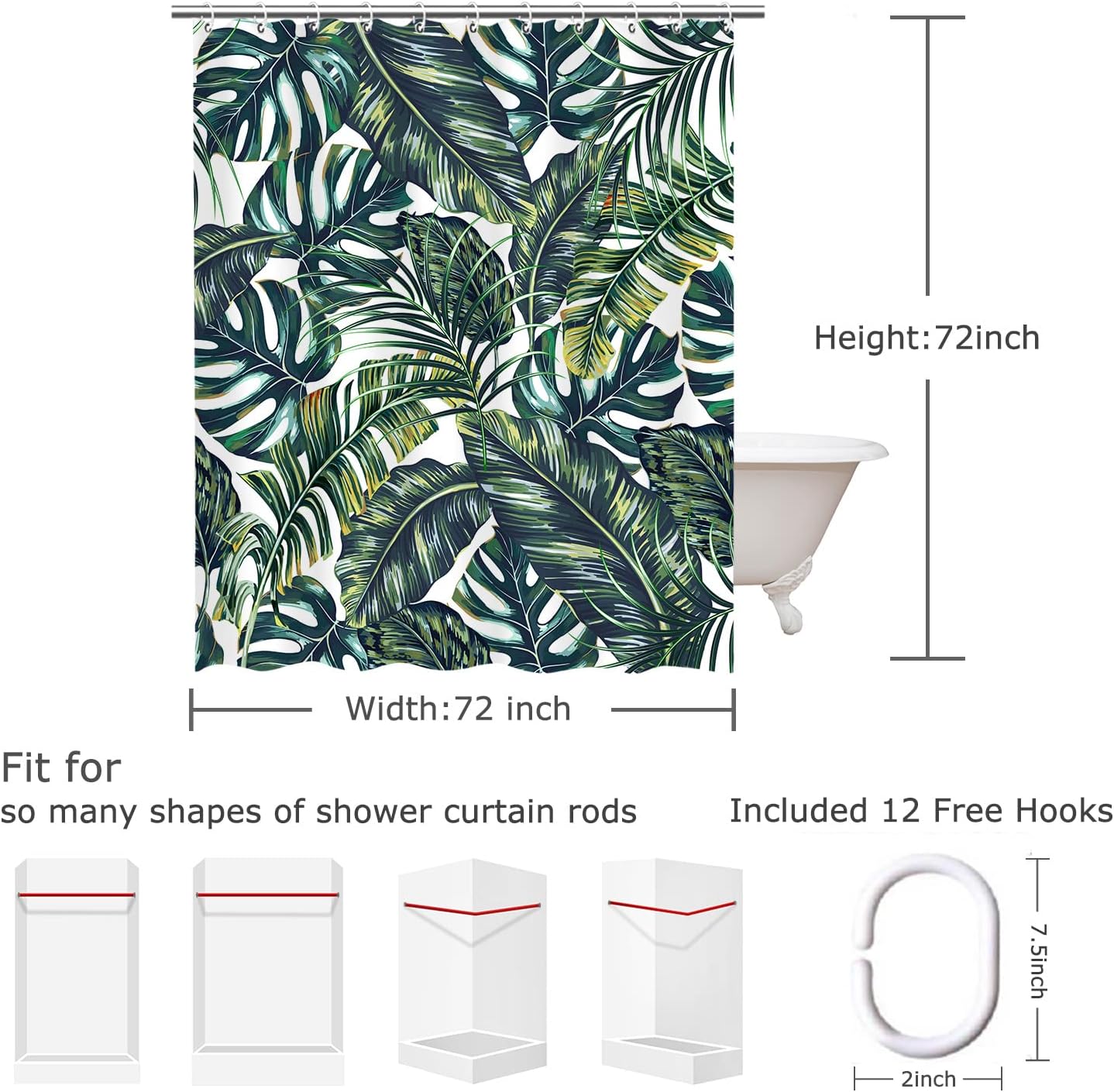 LIVILAN Green Plant Shower Curtain - Botanical Leaf Pattern, 72X72 inches with 12 Hooks