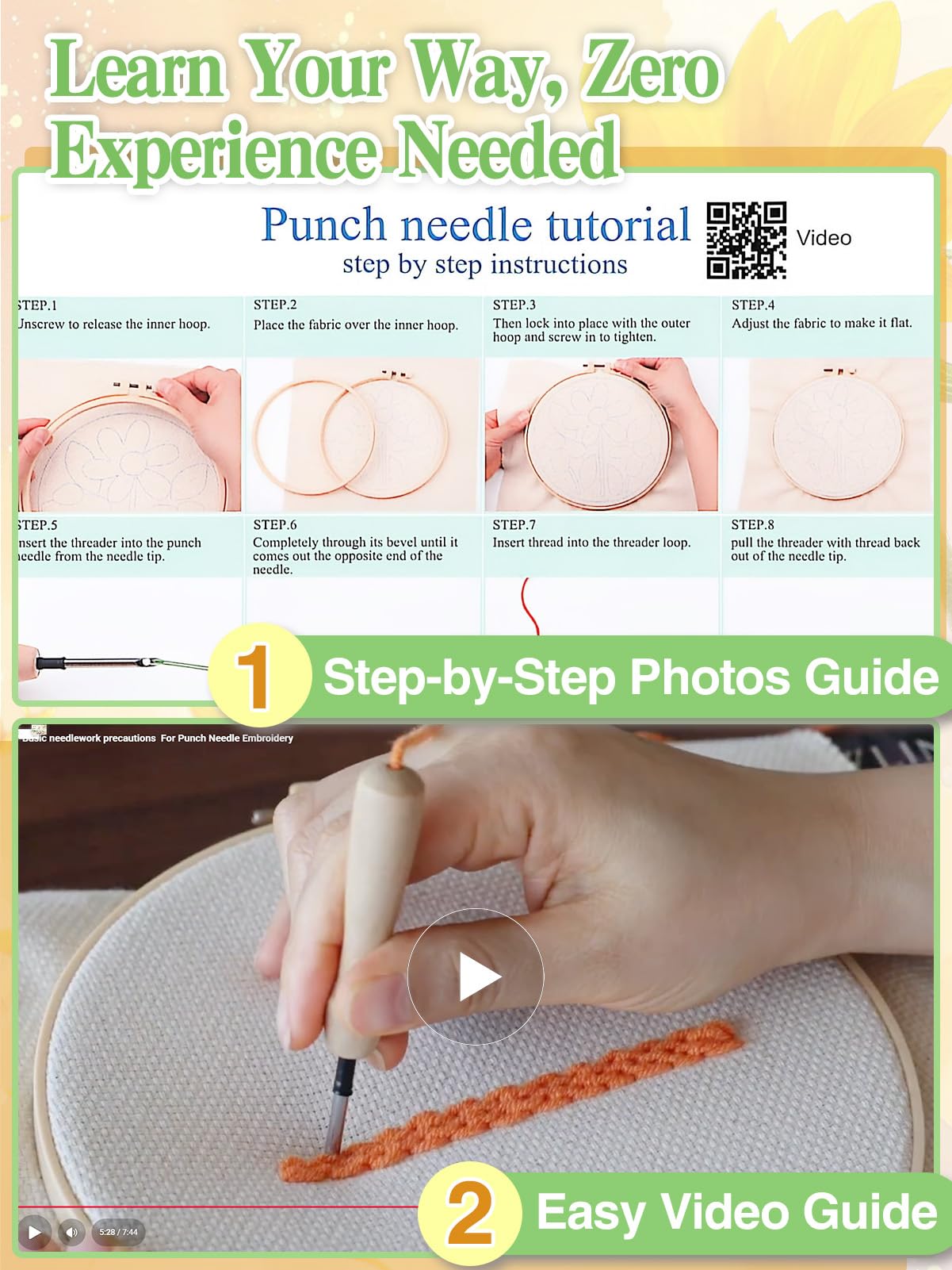 Punch Needle Kit Adults Beginner- Step-by-Step Guide & Video, Including Punch Needle Fabric with Pattern/Hoop/Needle/Yarns, Spring Embroidery Craft Kits, Easy Hobby Gifts for Women, Sunflower