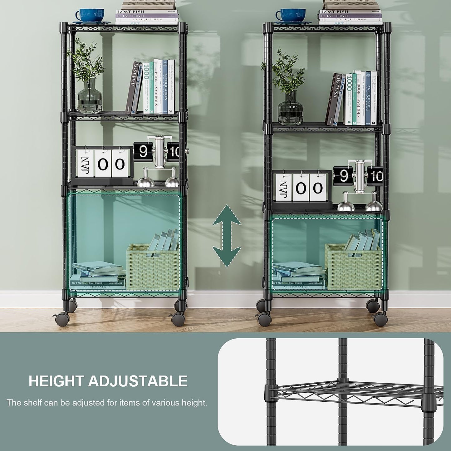4-Shelf 11.8" 17.7" 40.8" M MZG Adjustable Heavy Duty Steel Wire Rack, Adjustable Storage Shelving Unit with Wheel