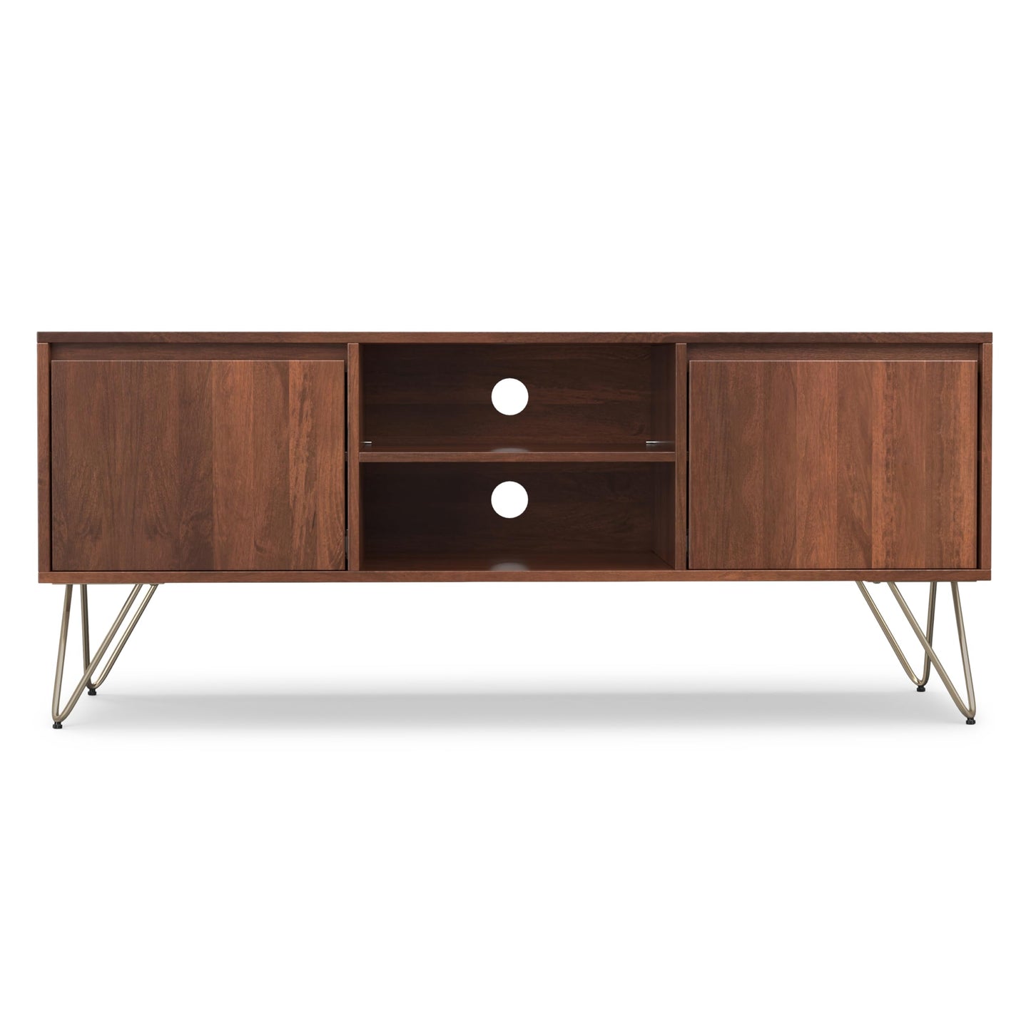 SIMPLIHOME Hunter TV Stand - 60 inch Wide Solid Mango Wood Media Console in Umber Brown and Gold, Industrial Entertainment Center for Living Room for TVs up to 65 Inches with Metal Hairpin Legs