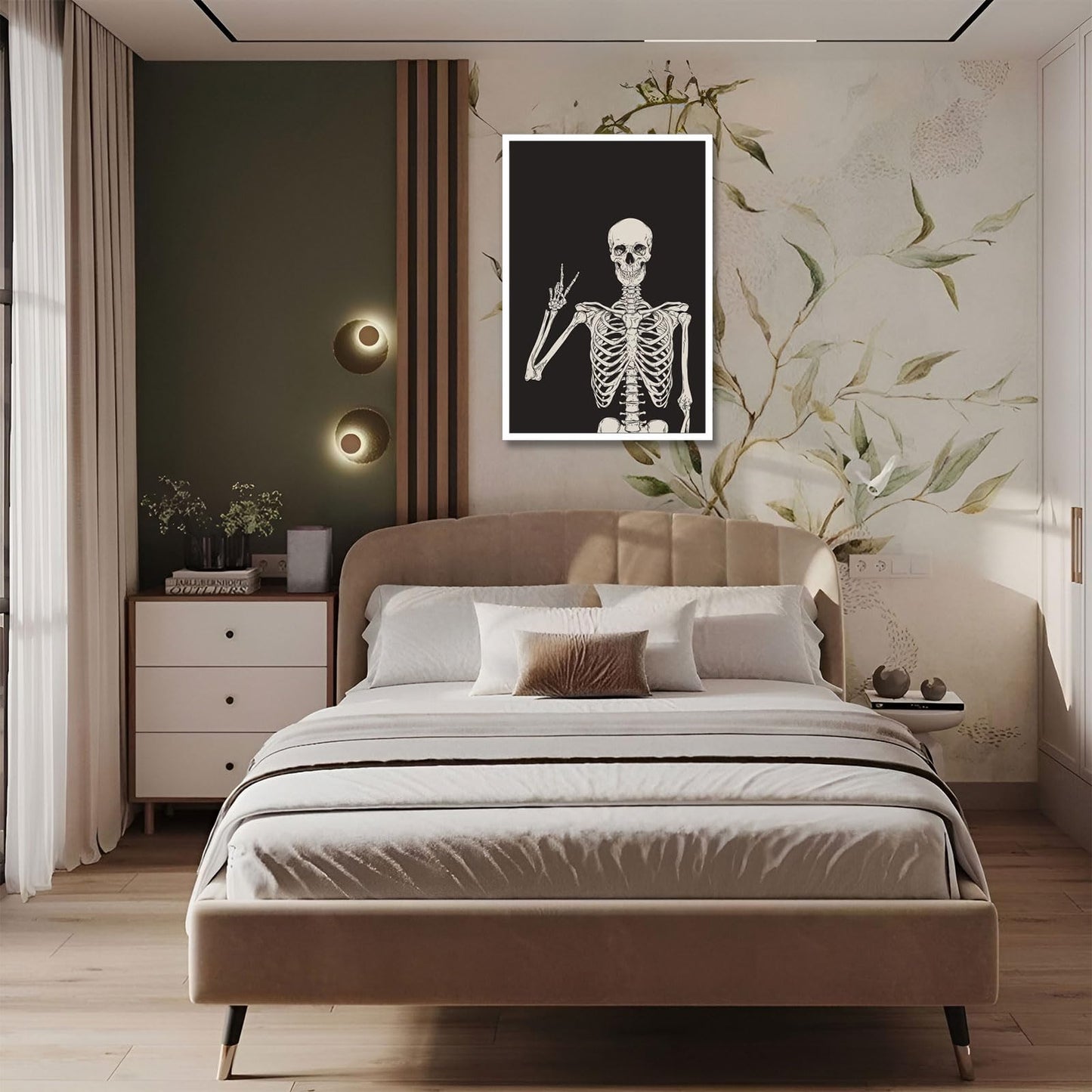 Funny Black Skeleton Canvas Wall Art Spooky Decor Halloween Poster High Hand Peace Print Bones Minimalist Background 12X16in Unframed