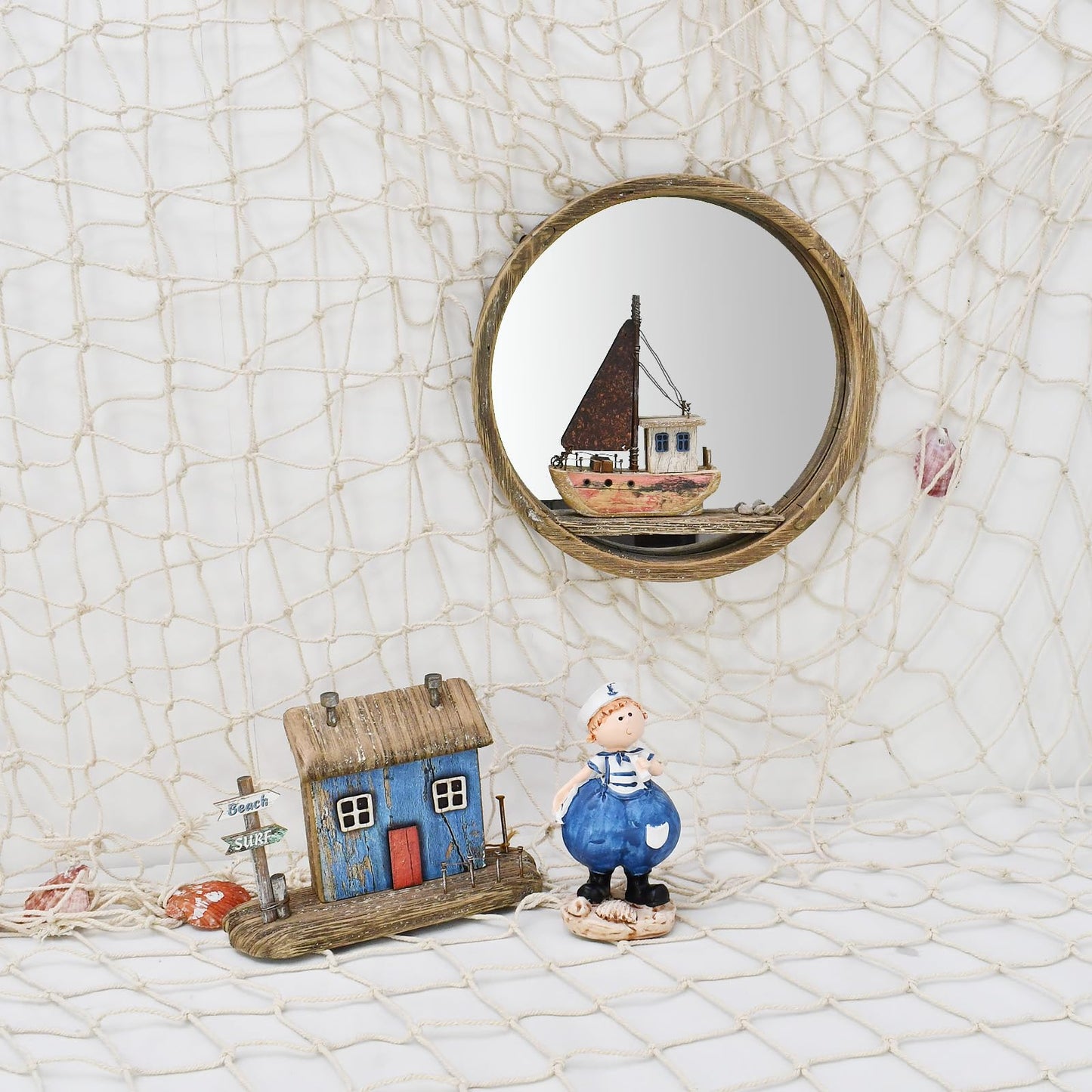 Veclotch Wood Miniature Nautical Table Sculptures Home Decor, Small Wooden House Figurine Garden Ornament Summer Mini House Statue with Beach Surf Sign