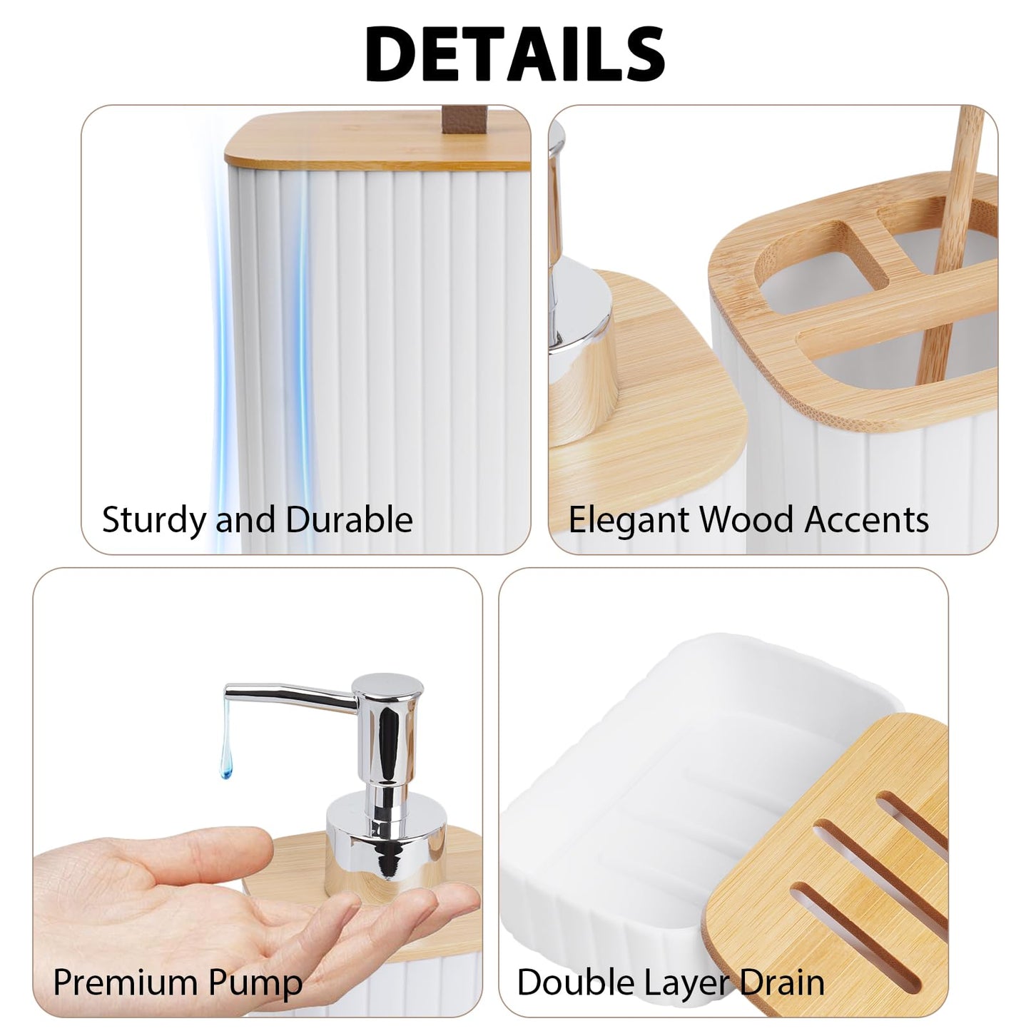 Bathroom Accessory Set - 10 Piece White Bathroom Sets Complete with Trash Can, Toothbrush Holder & Cup, Soap Dispenser, Soap Dish, Toilet Brush & Holder, Vanity Tray, Qtip Holder, Tissue Box Cover