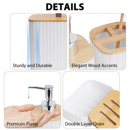 Bathroom Accessory Set - 10 Piece White Bathroom Sets Complete with Trash Can, Toothbrush Holder & Cup, Soap Dispenser, Soap Dish, Toilet Brush & Holder, Vanity Tray, Qtip Holder, Tissue Box Cover