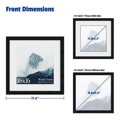 XXBANZHUAN 16x16 Square Picture Frame 3 Pack, Solid Real Wood Grain, Displays 12x12 with Mat or 16x16 Without Mat, Wall Gallery Poster Frames, Black