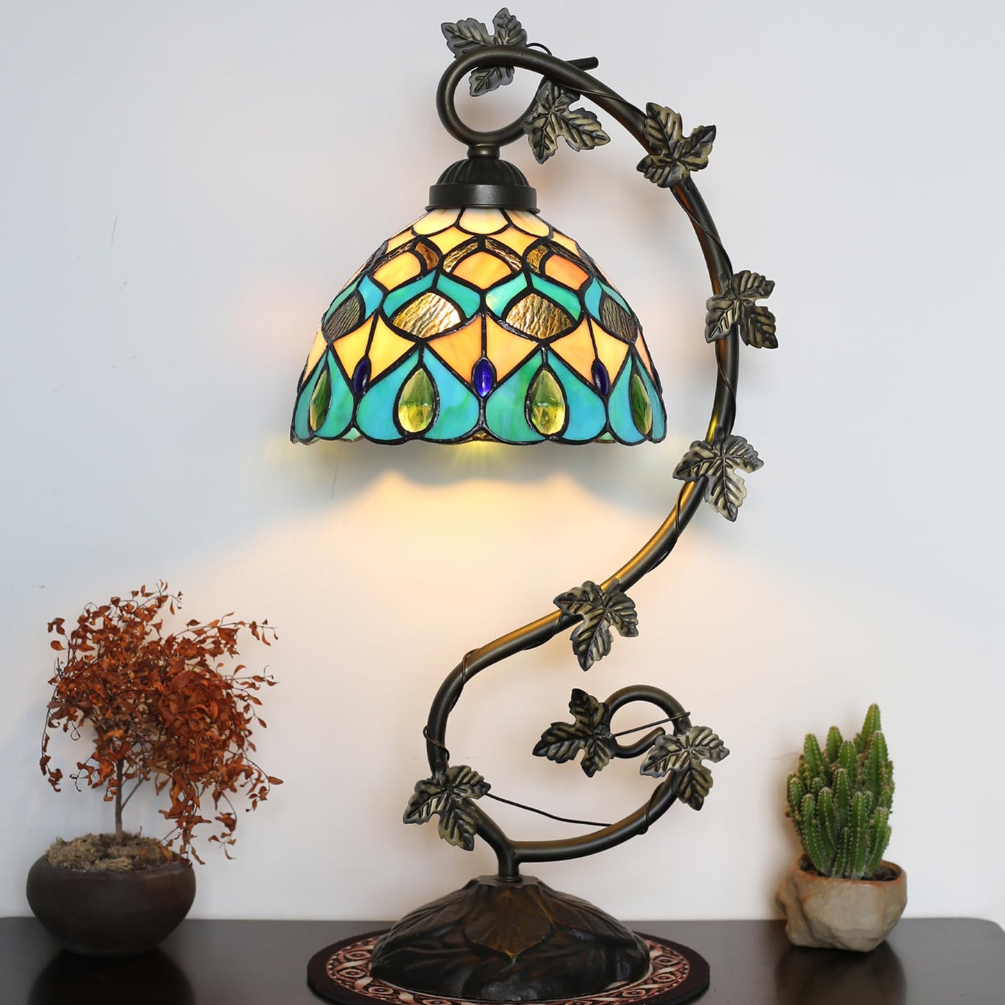 ZYLINX Tiffany Lamp Stained Glass Style Table Lamp 8 x 10 x 21” Peacock Feather Bedside Reading Light with Arched Metal Leaf Base for Desk Bedroom Living Room Study