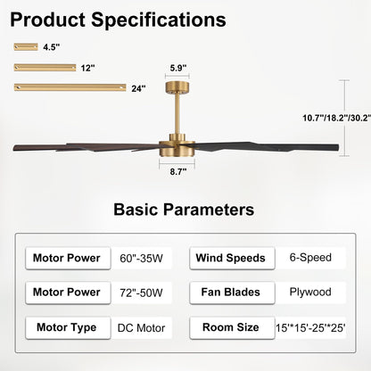 WINGBO 60" Ceiling Fan without Light, Modern Large Ceiling Fan with Remote Control, 6-Speed Reversible Noiseless DC Motor, Gold and Walnut/Black Blades for Living Room, Bedroom & Covered Outdoor