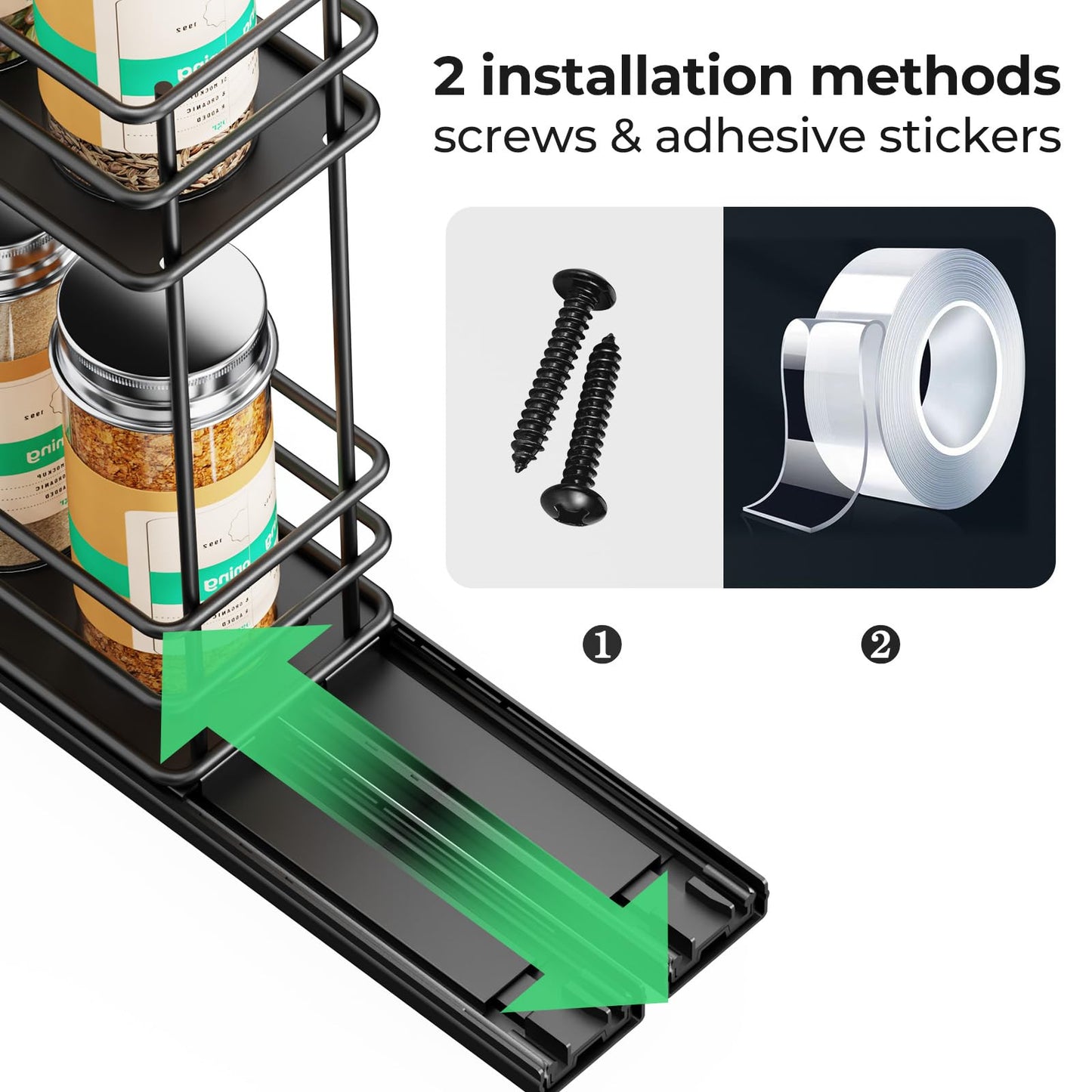 Pull Out Spice Rack Organizer for Cabinet, Slide Out Spice Racks, Easy to Install, 2.1''Wx10.35''Dx8.26''H, 3 Drawers 2 Tiers(Black)