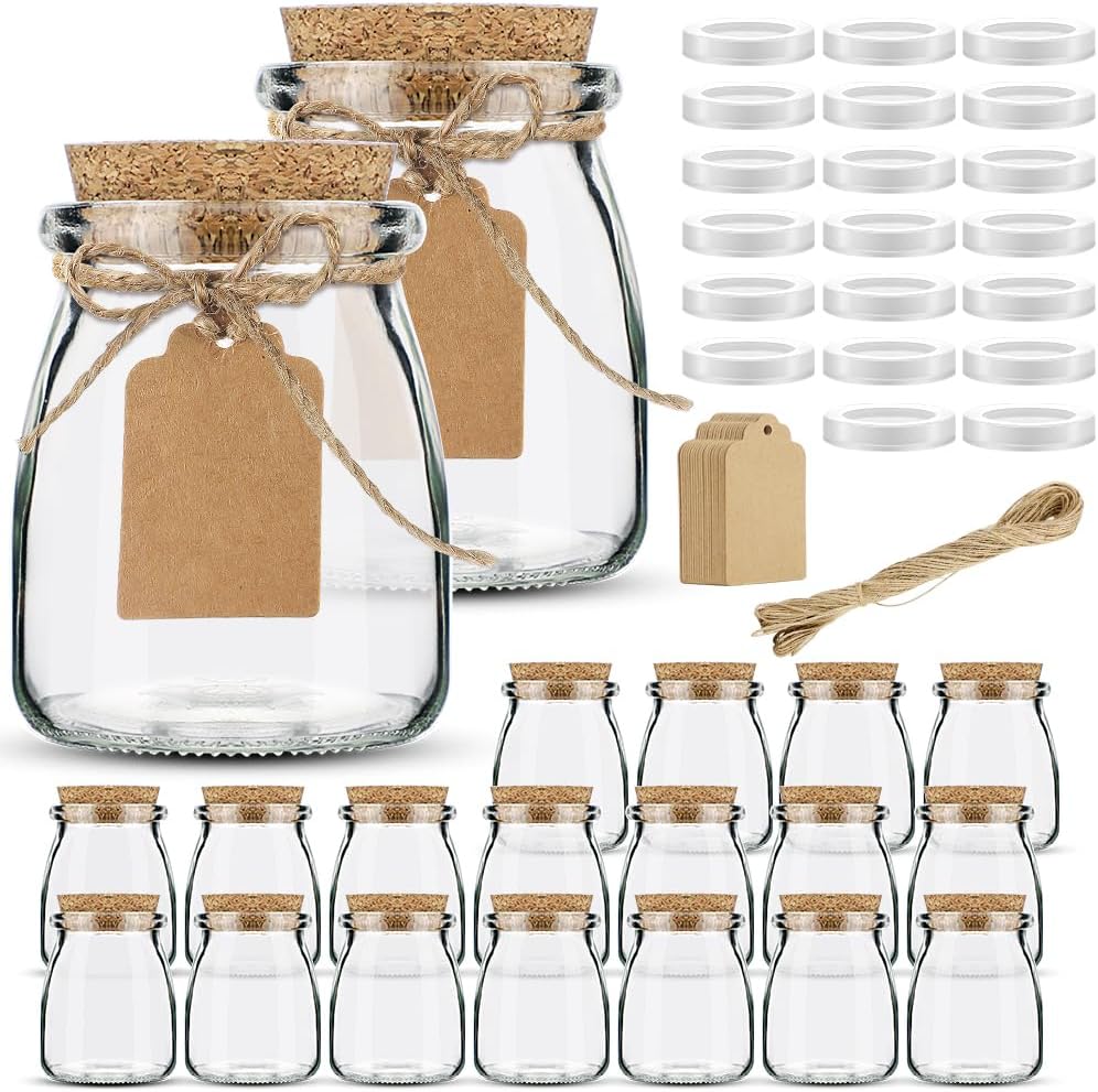 7oz 20 Pack Folinstall Small Glass Jars with Cork Lids, Yogurt Container with PE Lids for Candy, Cake, Pudding, Yogurt