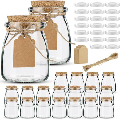 7oz 20 Pack Folinstall Small Glass Jars with Cork Lids, Yogurt Container with PE Lids for Candy, Cake, Pudding, Yogurt