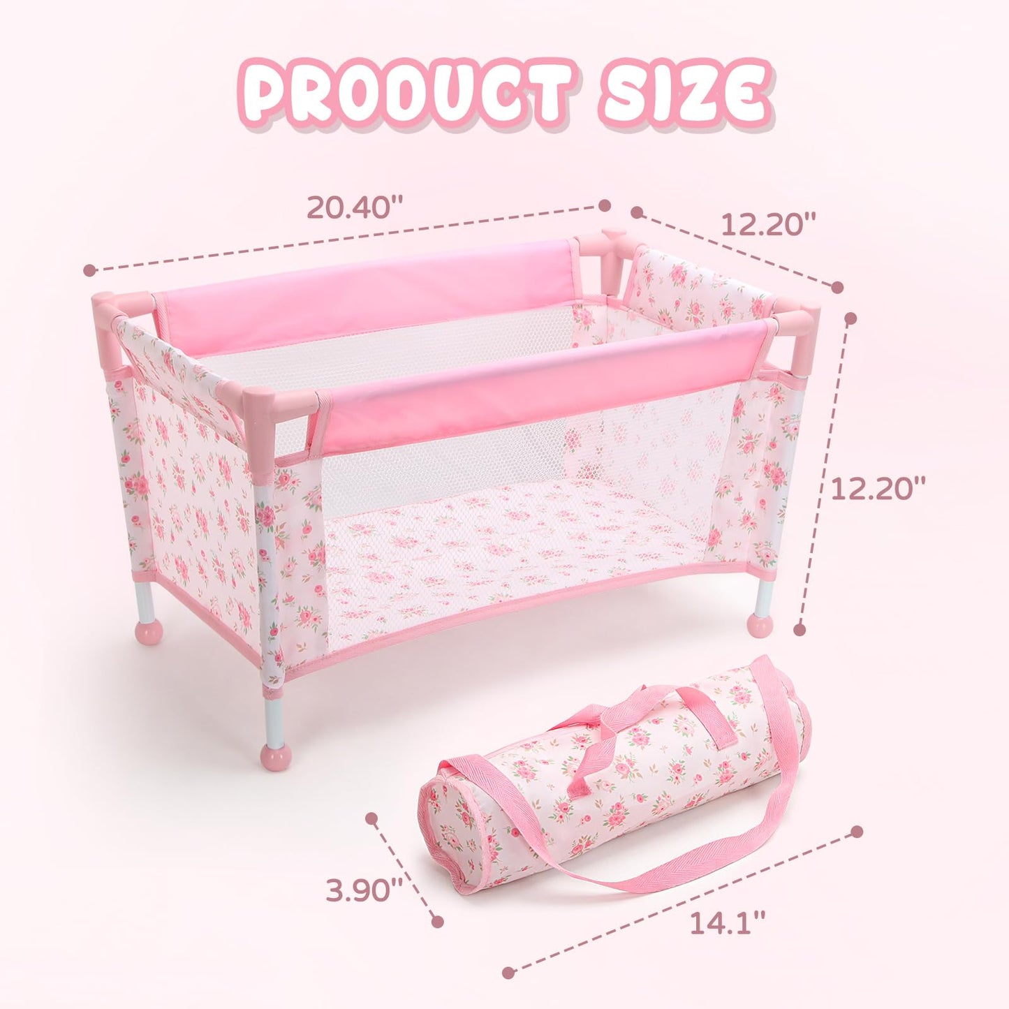 Baby Doll Crib for 12-18 Inch Dolls, Chyyeerkidd Pack and Play Pink Floral Baby Doll Bed with Carry Bag, Travel-Friendly Reborn Baby Doll Accessories for Girls Ages 3+, Easy Assembly (White)