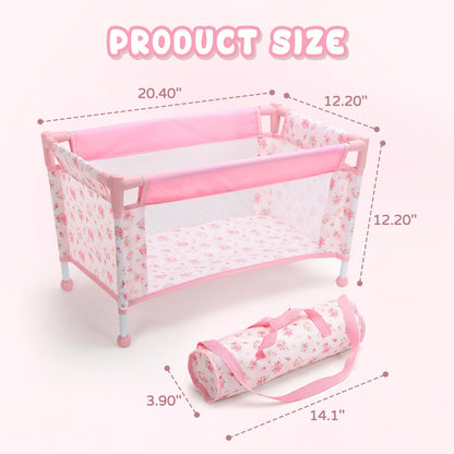 Baby Doll Crib for 12-18 Inch Dolls, Chyyeerkidd Pack and Play Pink Floral Baby Doll Bed with Carry Bag, Travel-Friendly Reborn Baby Doll Accessories for Girls Ages 3+, Easy Assembly (White)