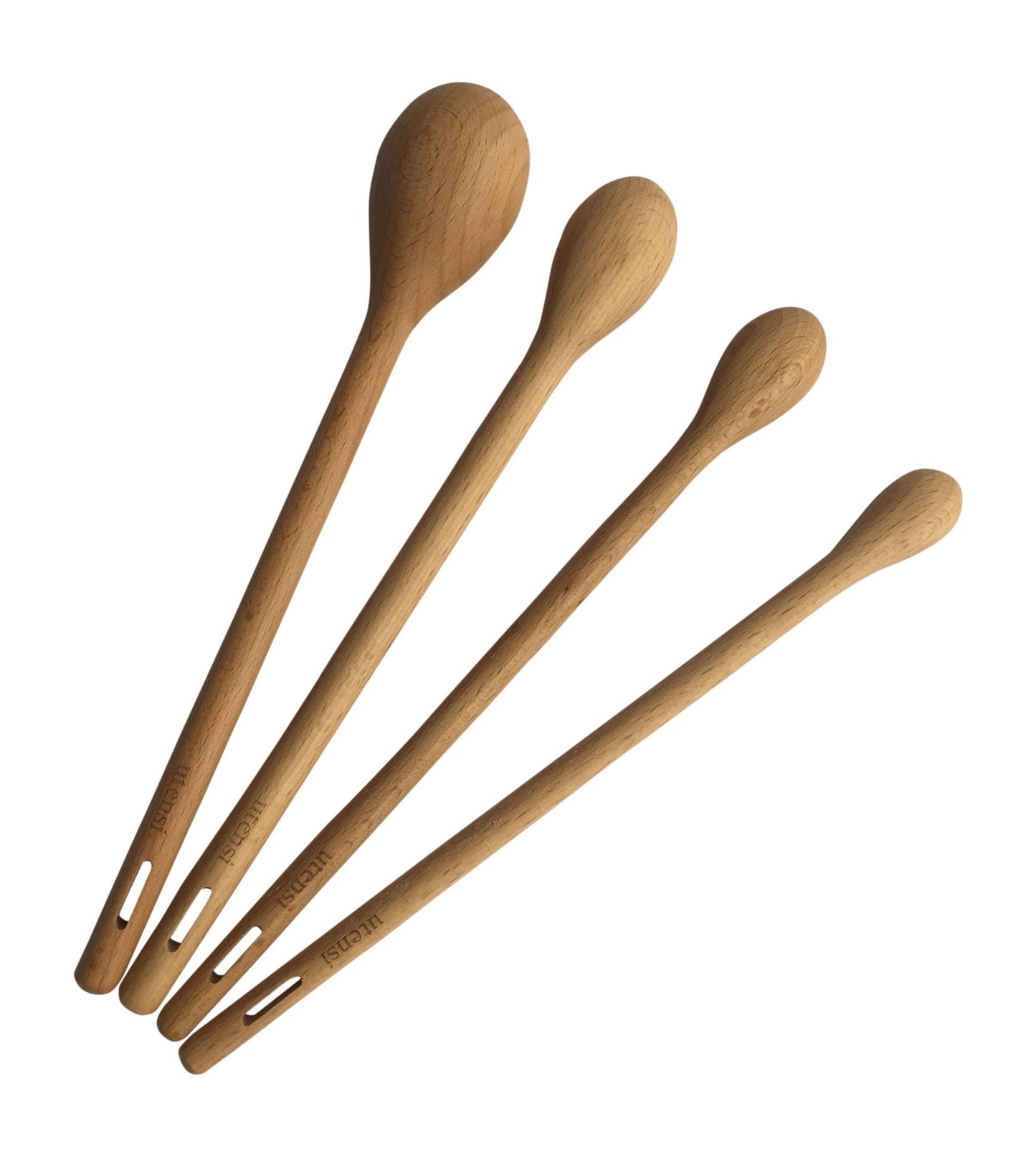 Long Handle Wooden Measuring Spoons by utensi, Set of 4 Engraved Accurate Spoons for Dry and Liquid Ingredients, Beech Wood Set (9-inch handles)