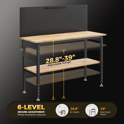 CAMMOO 60" Work Bench Adjustable Height with Storage Shelf, Max Load 2000 LBS Heavy Duty Rubberwood Tabletop with Pegboard, LED Light, Built-in Power Strip for Woodworking Shop, Garage, Home