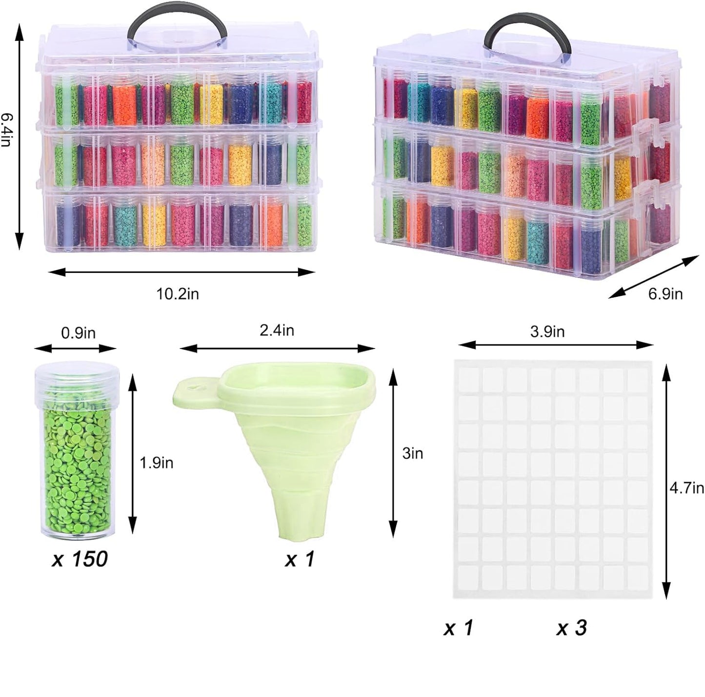 3-Tier Diamond Painting Storage Container, 150 Slots Portable Bead Organizer Box, Stackable Crafts Organizers for DIY Diamond Art Craft Jewelry Bead Storage