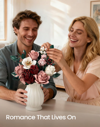 iATOM Pink Roses Flower Bouquet Building Set, Artificial Flowers Botanical Collection Kit for Adults Women & Men - Gift for Mothers Day, Home Room Office Shelf Centerpieces Decor - IA11022