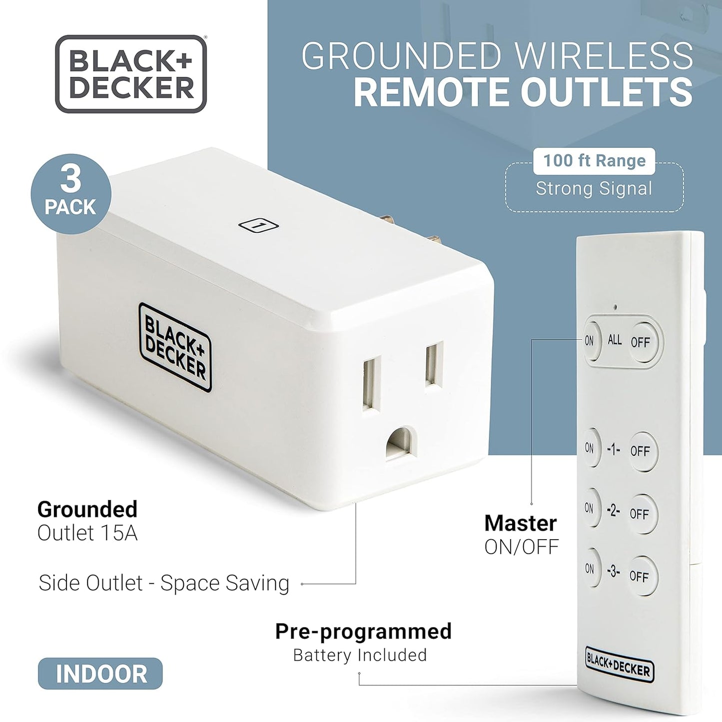 Black+Decker Wireless Remote-Control Outlet, Pack of 3 Outlets, 1 Remote - Premium Light Switches