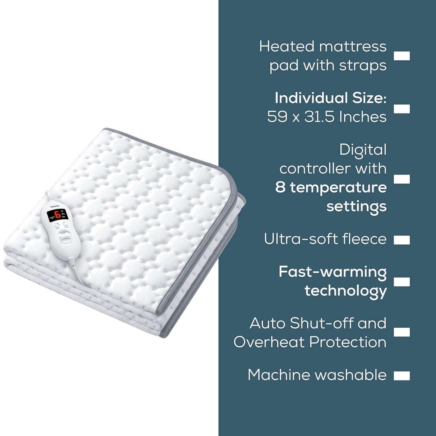 Beurer UWB55 Heated Underblanket with 8 Temperature Settings & Ultra-Soft Fleece, Electric Mattress Pad with Overheat Safety Features, Fast Heating, Machine Washable, 59" x 31.5"