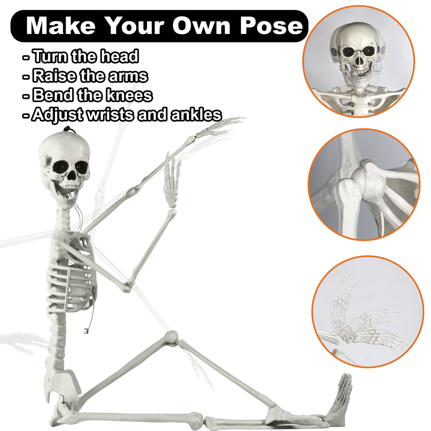DUNCHATY Halloween Hanging Posable Skeleton - 3FT Prop Skull with LED Glowing Eyes and Creepy Shrilling Sound - Sound Activated Outdoor Halloween Decorations Skeleton Decoration