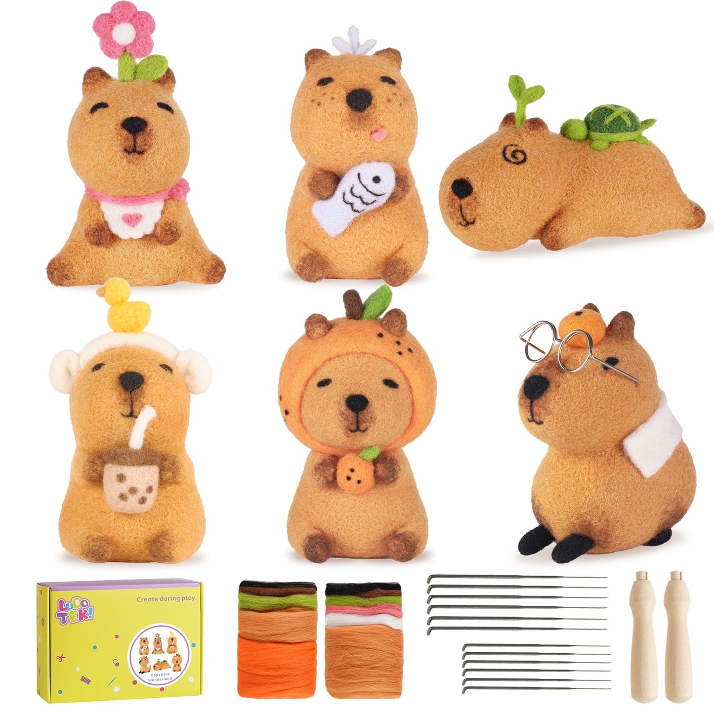 LUDOTEK Needle Felting Kit, 6 PCS Farm Animal Needle Felting Beginner Kits, Wool Felt Needle Felting Tools Foam Pad, Craft Party Supplies for Beginners Adult(6pack Capybara)