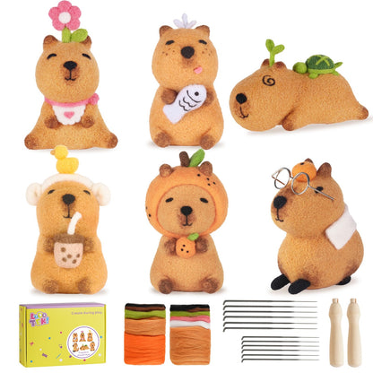 LUDOTEK Needle Felting Kit, 6 PCS Farm Animal Needle Felting Beginner Kits, Wool Felt Needle Felting Tools Foam Pad, Craft Party Supplies for Beginners Adult(6pack Capybara)