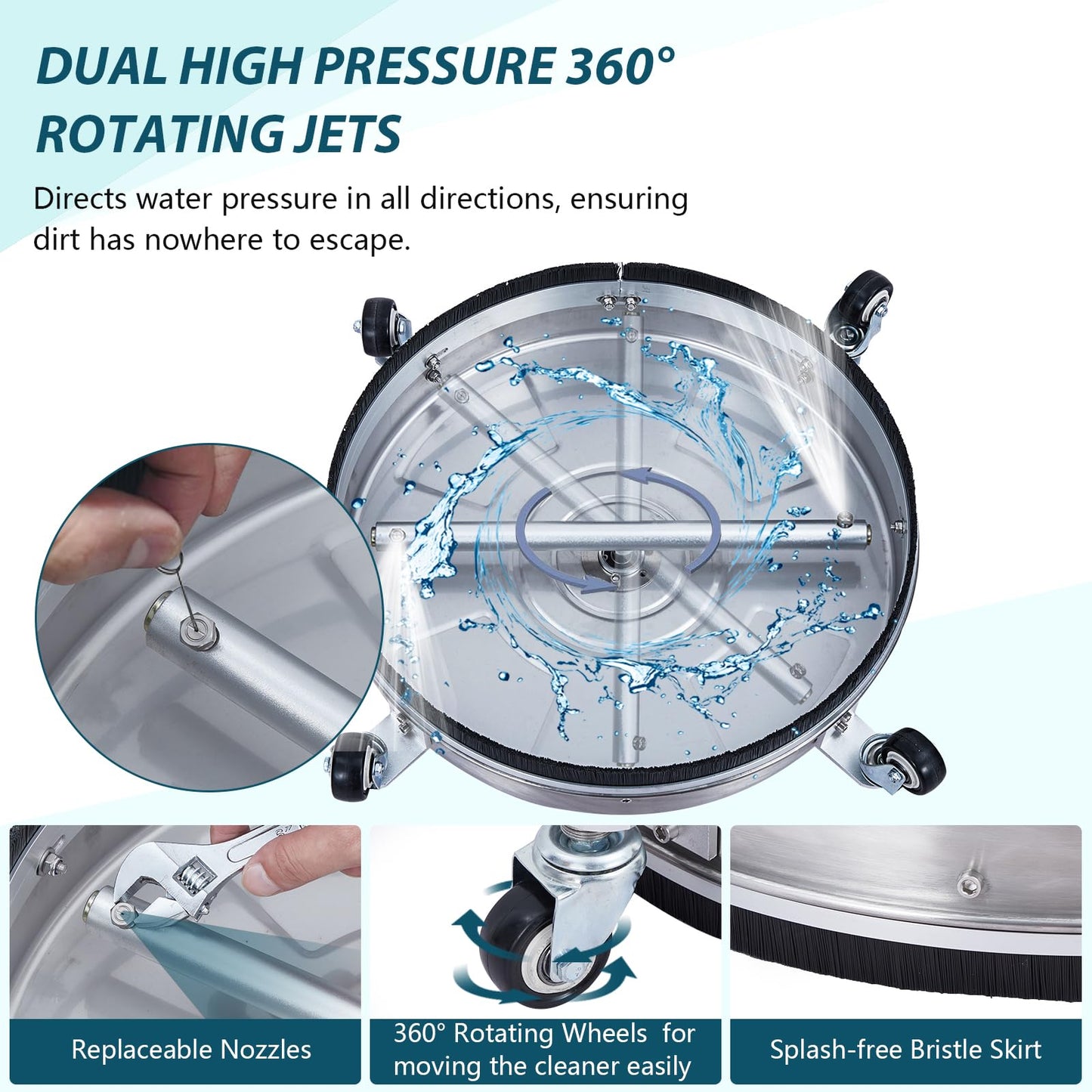 Kiarixo 24" Pressure Washer Surface Cleaner with Dual Handle 4 Wheels, 3/8" Connector, 2 Replacement Nozzles, Stainless Steel Power Washer Housing Accessory for Driveways Decks Sidewalk Patio Cleaning