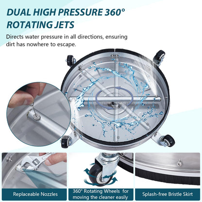 Kiarixo 24" Pressure Washer Surface Cleaner with Dual Handle 4 Wheels, 3/8" Connector, 2 Replacement Nozzles, Stainless Steel Power Washer Housing Accessory for Driveways Decks Sidewalk Patio Cleaning