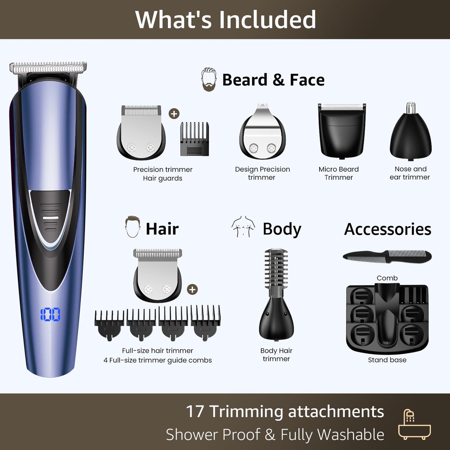 SHPAVVER Beard Trimmer for Men: Professional Barber Hair Clippers - 12-in-1 Cordless Grooming Kit - Waterproof Electric Razor with Turbo Speed & Precision Blades