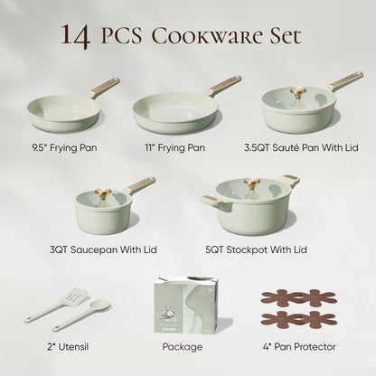 CAROTE Ceramic Cookware Set Nonstick, 14pcs Pots and Pans Set Nonstick, Non-Toxic & PFAS-Free, Dishwasher, RV/Camping Cookware Set, Cooking Pots with Lids, Sage Green