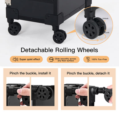 Portable Nail Desk for Nail Tech, Foldable Manicure Table with 3 Drawers & Mirror, Rolling Nail Table with Lockable Train Case, Nail Polish Organizer, Mobile Nail Tech Workstation with Wheels, Black